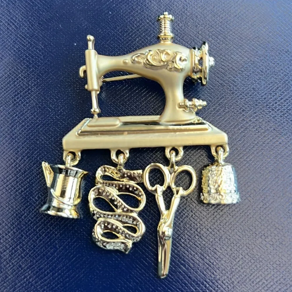 Danecraft Goldtone Metal Sewing Machine, Thread, Tape Measure, Scissors,  Brooch